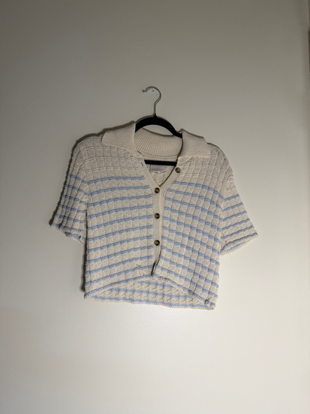 Kimchi Blue UO BLlue and Cream Striped Button Down Short Sleeved Sweater